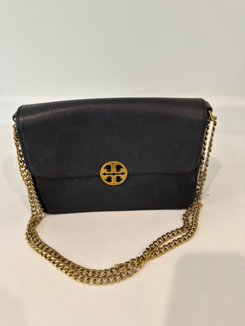 Tory Burch Black Leather Crossbody with Gold Logo and Chain